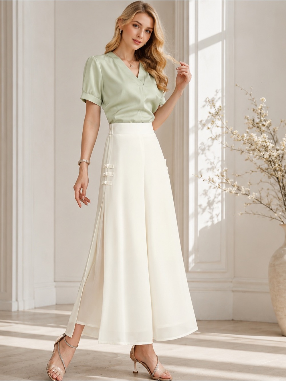 Women’s high-waisted white split white leg chiffon culottes